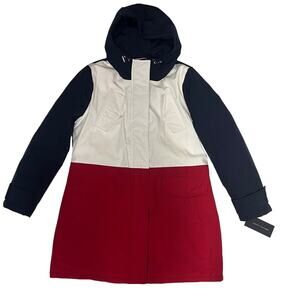 Tommy Hilfiger Women's Hooded Down Colorblock Coat Navy Red White Size L NWT